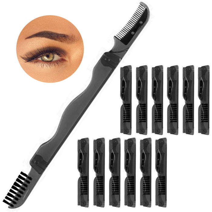 12 Bulk Eyebrow Razors Pocket Folding Facial Hair Trim Shaper Shaver Brush Comb
