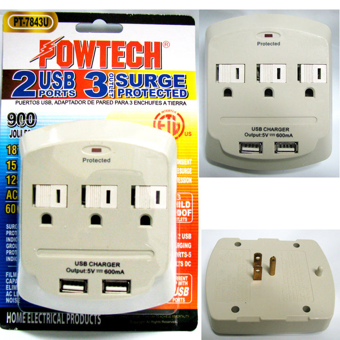 Multi 2 USB 3 Outlet Port Wall Tap Surge Protector Power Strip Adapter Charger