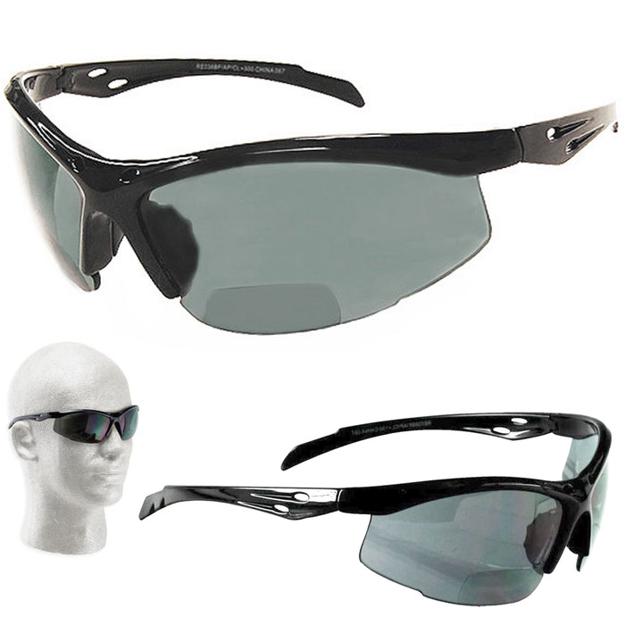 Sport Sunglasses Wrap Around Eyewear Inner Bifocal Smoke Lens +1.50 Reader Black