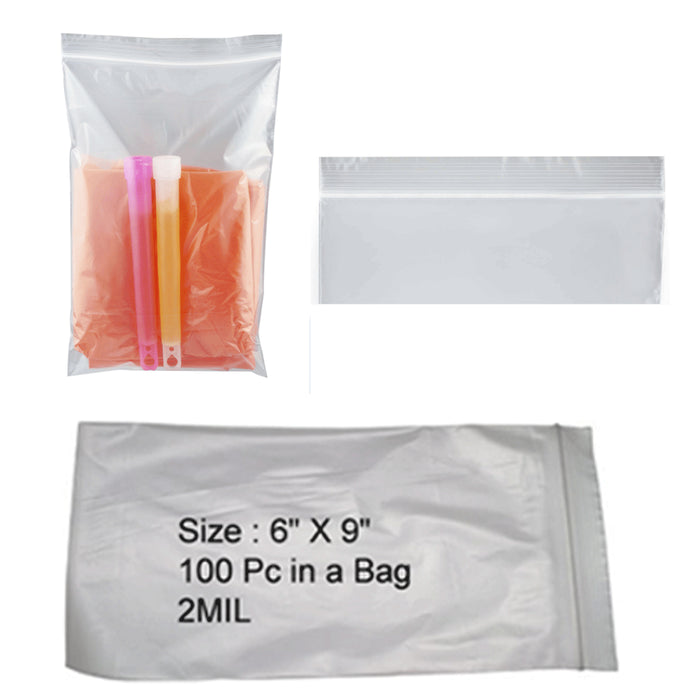 100 Pc Clear Plastic Poly Bags 6"WX9"H 2 Mil Reclosable Zip Resealable Lock Seal