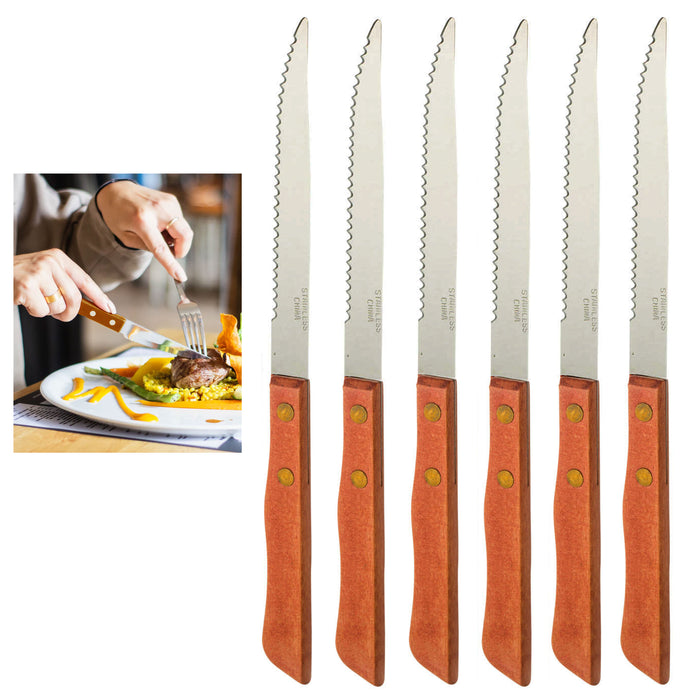 6 Pc Slim Stainless Knife Set Dinner Serrated Edge Wood Steak Knives Kitchen