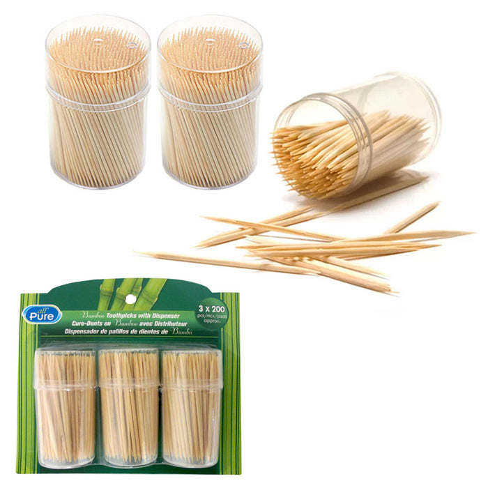 600 Wooden Round Toothpicks 3 Pack Oral Dental Care Holder Barware Portable Camp