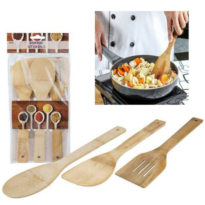 3 Pc Spatula Bamboo Cooking Utensil Set Spoon Mix Wooden Non Stick Kitchen Tools