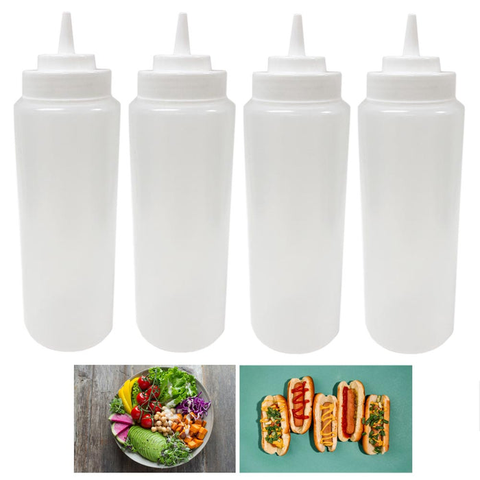 4 Large 32 Oz Squeeze Bottle Clear Wide Mouth Condiment Dispenser Dressing Sauce