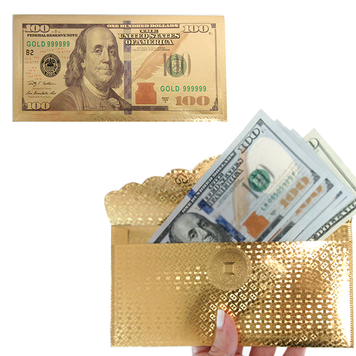 6x $100 Dollar Bill Envelope Gift Money Card Gold Foil Banknote Party Invitation
