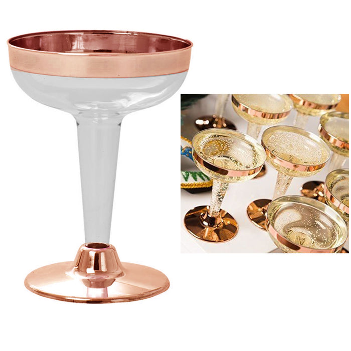 8 Plastic Rose Gold Rim Champagne Glasses Disposable Flutes 4.5oz Wedding Party