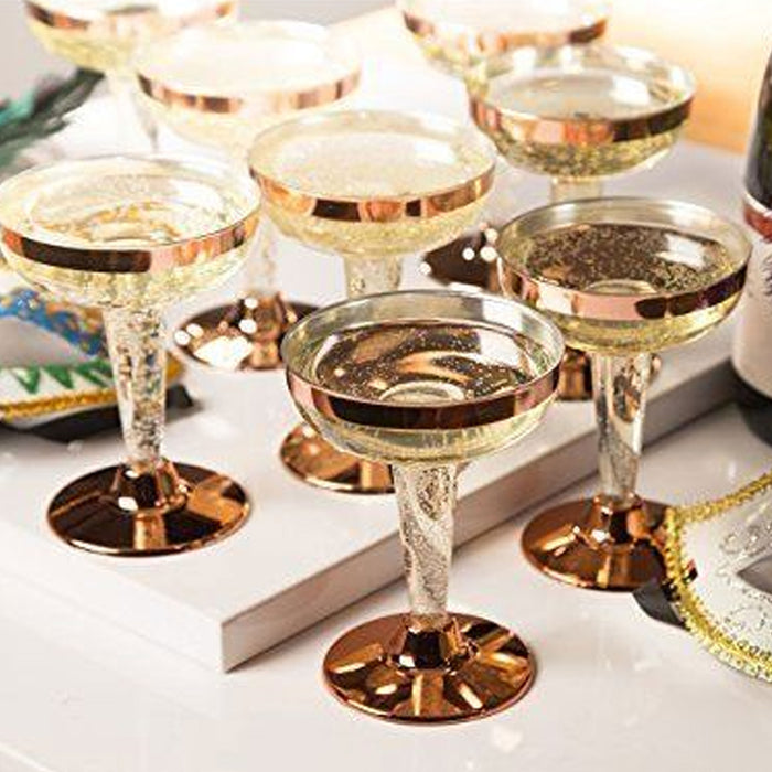 8 Plastic Rose Gold Rim Champagne Glasses Disposable Flutes 4.5oz Wedding Party