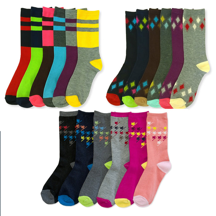 6 Pairs Womens Fashion Crew Socks Pattern Stripes Hearts Casual Size 9-11 Unisex