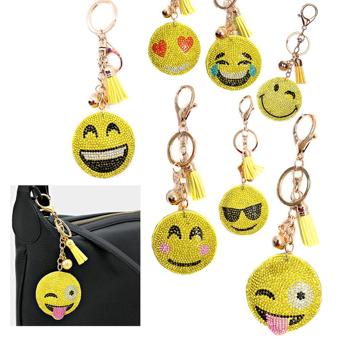 4 Pack Emoji Keychain Rhinestone Studded Smiley Face Toy Key Chain Keyring Gift