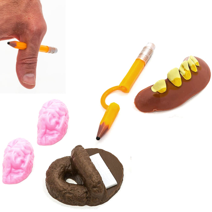 4 Pc Practical Joke Toy Gag Gift Trick Pencil Gum Funny Teeth Poop Prank Kit Fun