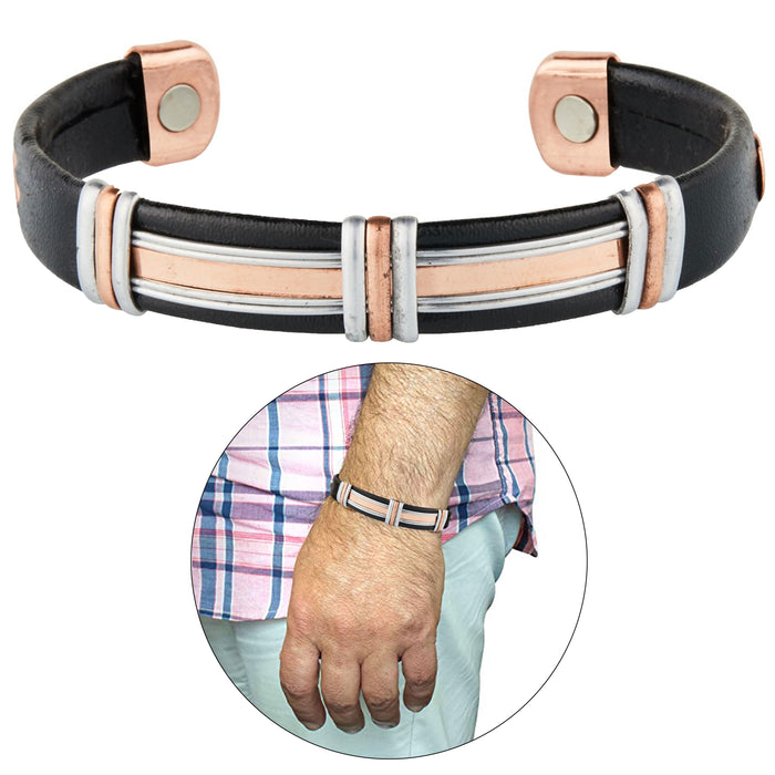 2 X Copper Magnetic Leatherette Bracelet Cuff Arthritis Therapy Energy Men Women
