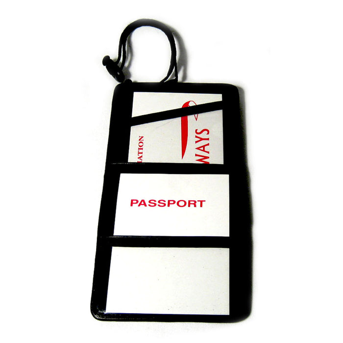 Black Leather Passport Boarding Pass Ticket ID Card Thin Holder Neck Pouch Strap