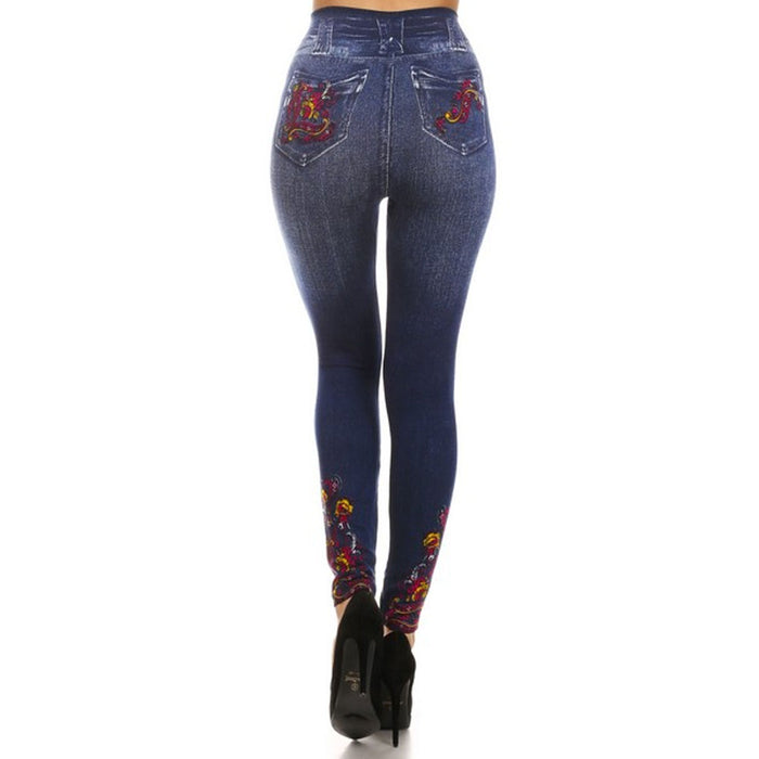 Women Skinny Jeggings Blue Stretchy Sexy Pant Pencil Leggings Jeans Soft Floral