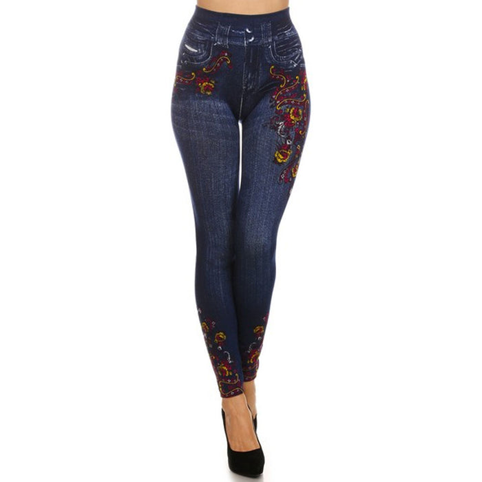 Women Skinny Jeggings Blue Stretchy Sexy Pant Pencil Leggings Jeans Soft Floral