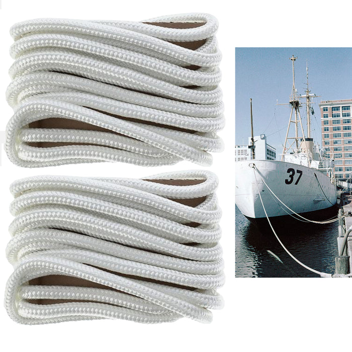 2 Pc White 3/8" 20 Ft Dock Line Double Braided Rope Deck Boat Cord Yacht Anchor