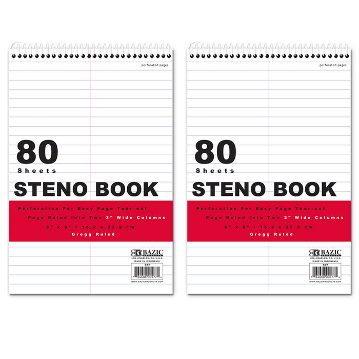 2 BAZIC Steno Notebook 6" X 9" White Sheet Gregg Ruled Office Notepad Perforated