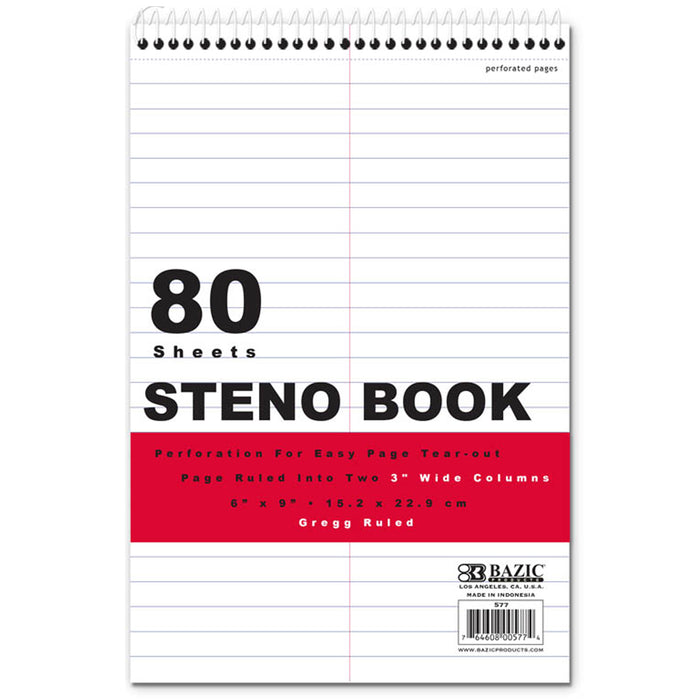 4 Steno Notebooks 6"X9" White 80 Sheets Ea Notepad Gregg Ruled Perforated BAZIC