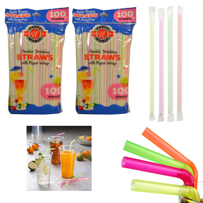 200 Colorful Plastic Long Disposable Drinking Straws Flexible Bendable Wrapped