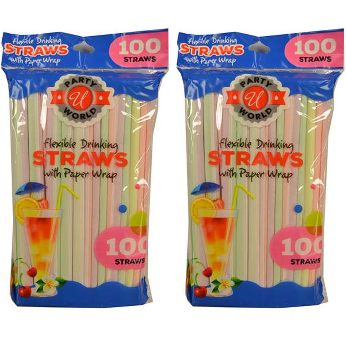 200 Colorful Plastic Long Disposable Drinking Straws Flexible Bendable Wrapped