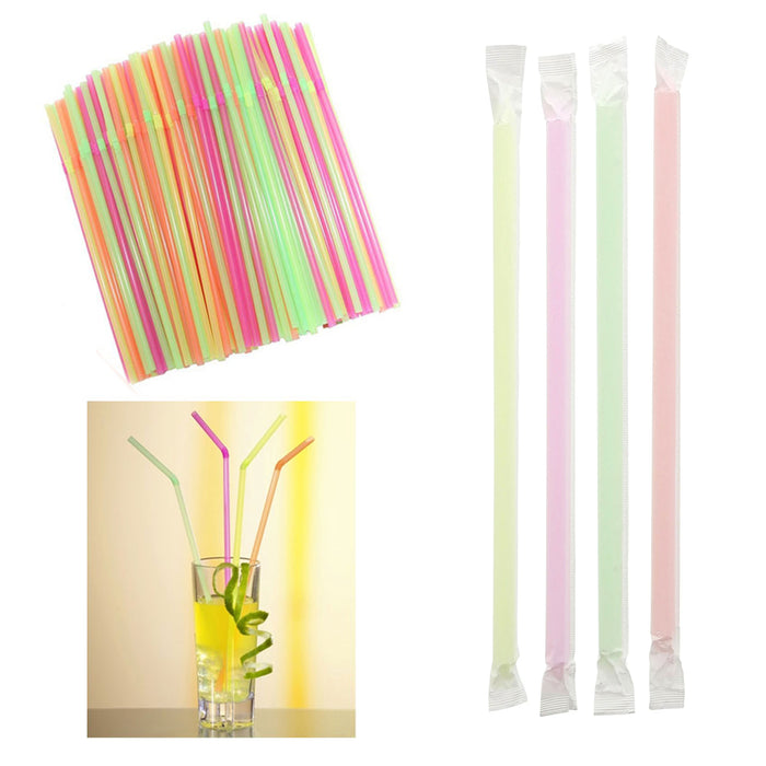 400 Ct Drinking Straws Bendable Flexible Plastic Bendy Straw Neon Color Wrapped