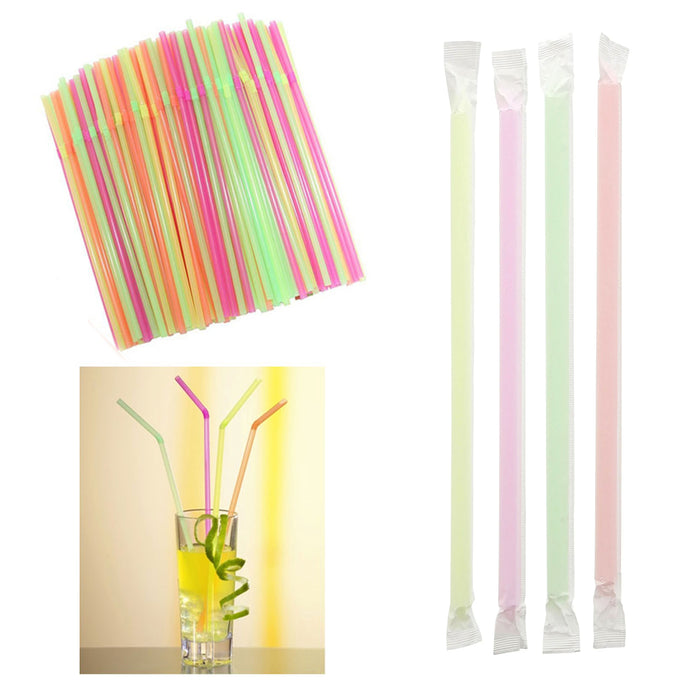 200 Colorful Plastic Long Disposable Drinking Straws Flexible Bendable Wrapped