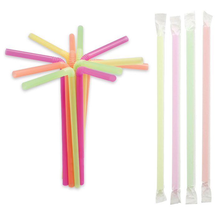 200 Colorful Plastic Long Disposable Drinking Straws Flexible Bendable Wrapped
