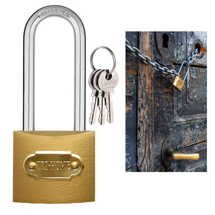 3.25" Heavy Duty Long Shank Shackle Gold Metal Padlocks Brass Locks 3 Keys 32mm