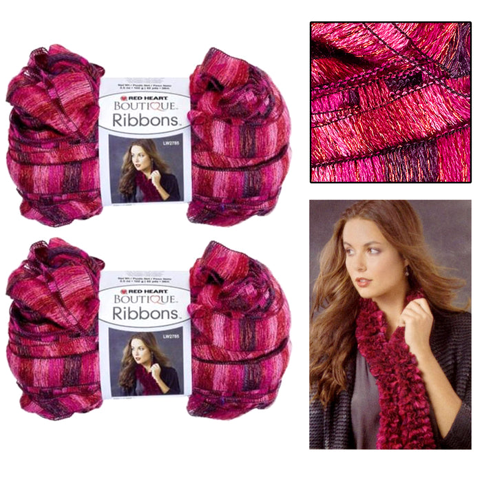 2 X Ribbons Yarn Ruffle Crochet Metallic Sashay Knitted Scarf Knit Pink Red Rose