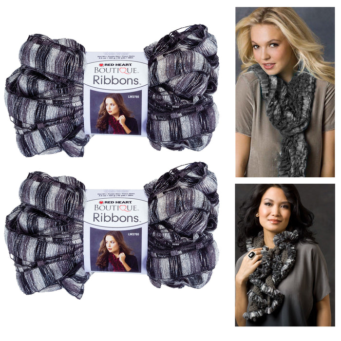 2 X Ruffle Ribbons Yarn Crochet Metallic Trellis Ladder Scarf Knit Grey Black