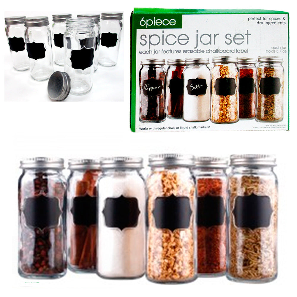 Set Of 6 Glass Spice Jars Chalkboard Storage Caps 3.7 Oz Clear Contain
