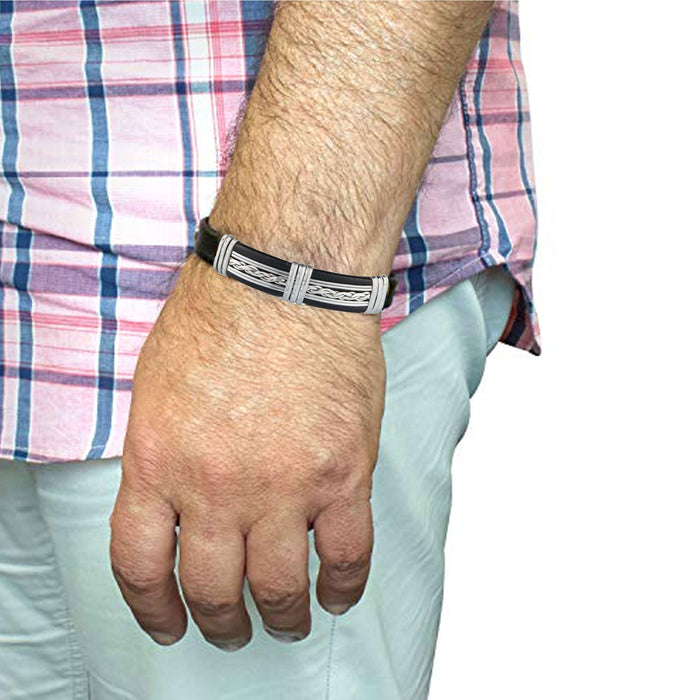 Unisex Leather Bracelet Bangle Cuff Black Adjustable Copper Magnetic Silver Tone