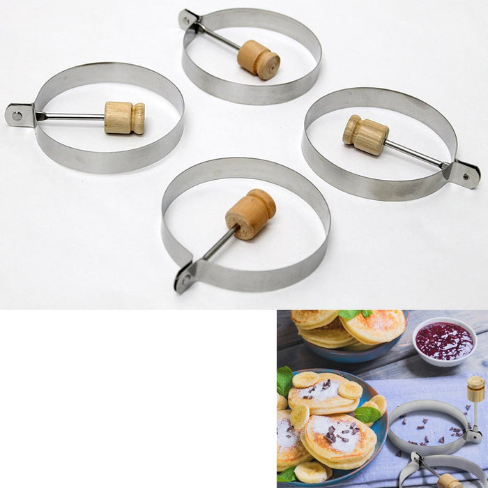 4 Pc Egg Mold Round Metal Non Stick Ring 3.5" Wood Handle Pancake Kitchen Tool