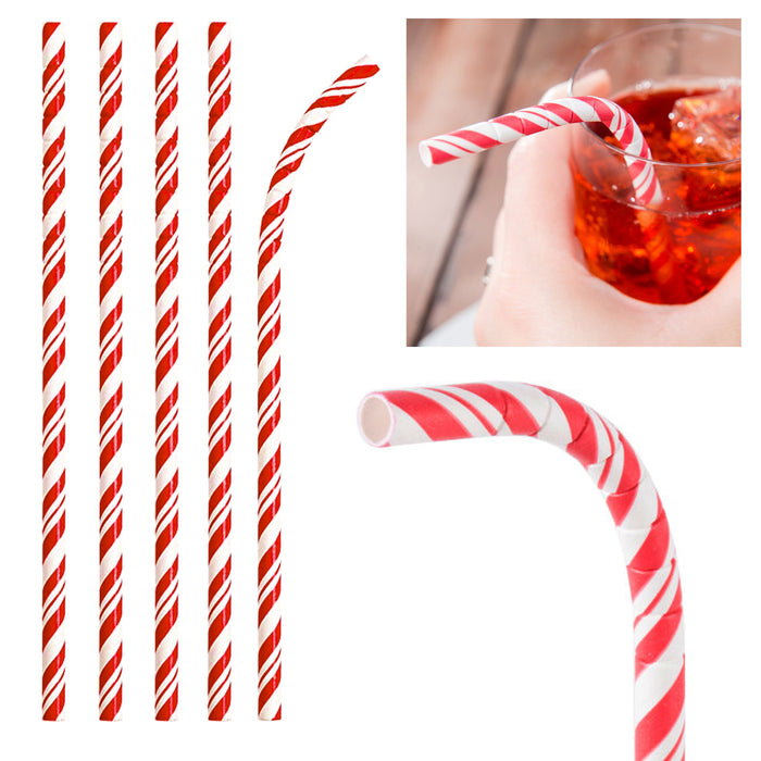 48 Pc Flexible Paper Straws Party Colorful Disposable Striped Drinking Straw Red