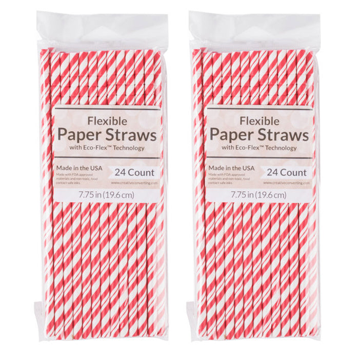 48 Pc Flexible Paper Straws Party Colorful Disposable Striped Drinking Straw Red