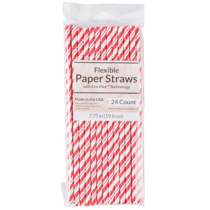 48 Pc Flexible Paper Straws Party Colorful Disposable Striped Drinking Straw Red