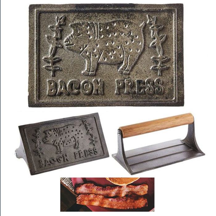 1 Cast Iron Press Bacon Hamburger Steak Wooden Handle Flat Meat Patty Heavy Duty