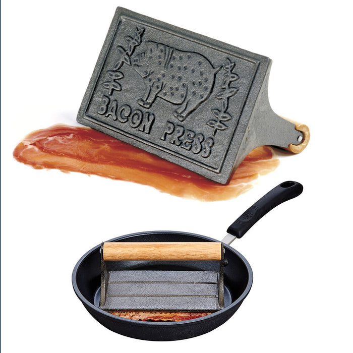 1 Cast Iron Press Bacon Hamburger Steak Wooden Handle Flat Meat Patty Heavy Duty