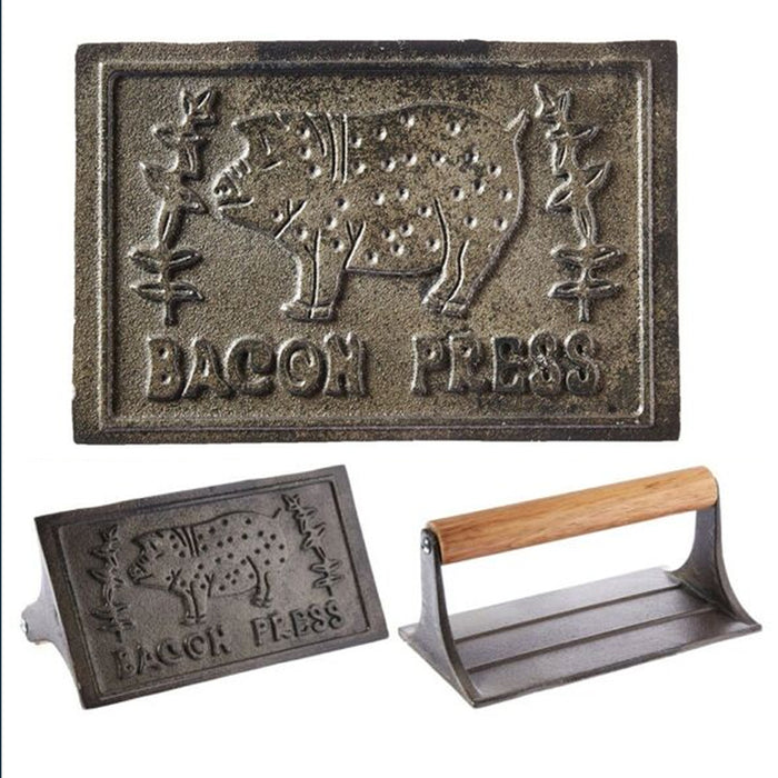 1 Cast Iron Press Bacon Hamburger Steak Wooden Handle Flat Meat Patty Heavy Duty