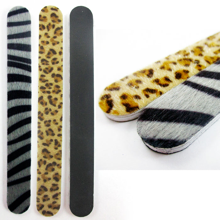 2 Pc Double Sided Animal Print Nail File & Fur Buffer Zebra Leopard Emery Board