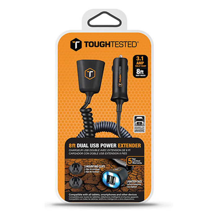 Tough Tested 3.1 Amp Dual USB Power Extender Car Charger Lighted Face Mount Clip
