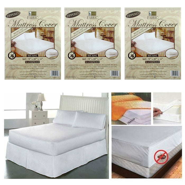 3 Pc King Mattress Cover Zippered Fabric Protector Bed Dust Mite Bug Waterproof