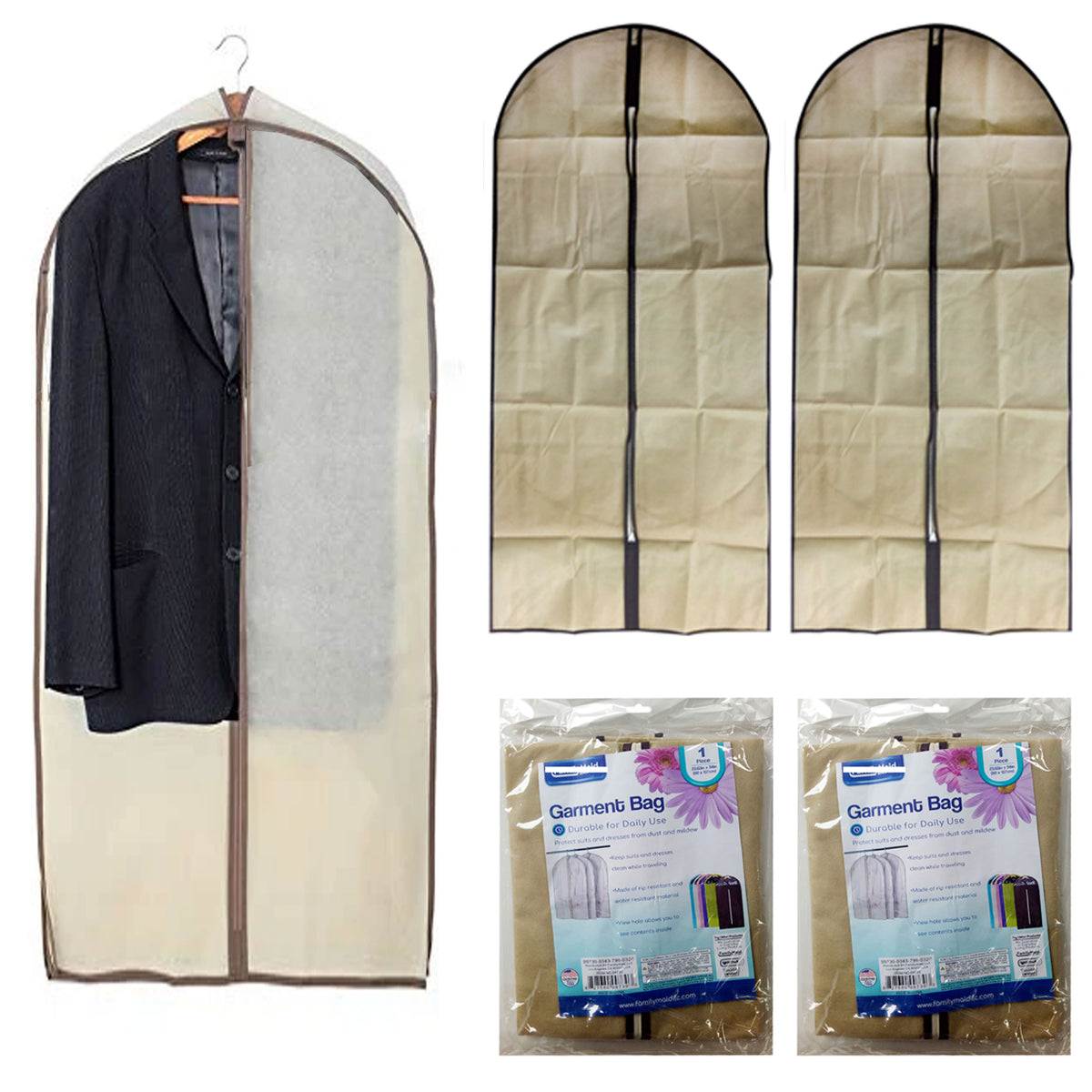 2 PC Garment Bag Travel Suit Dress Storage 54 inch Tan Cover Zipper Coat Carrier, Beige