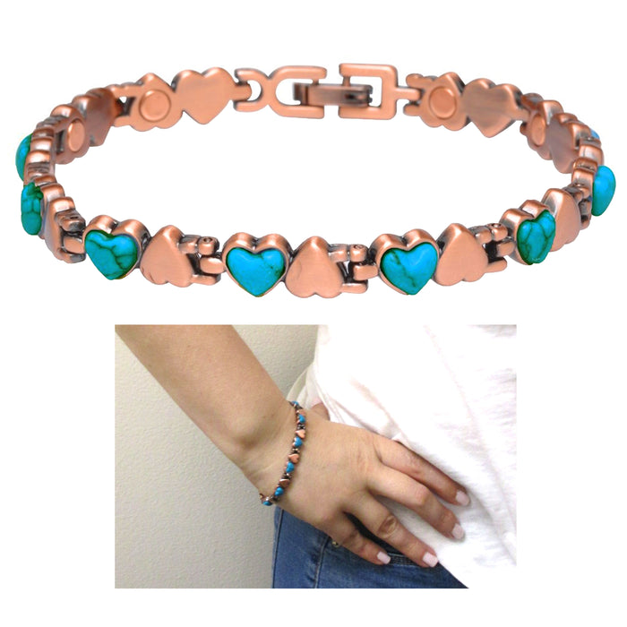1 Magnetic Copper Link Bracelet Hearts Turquoise Pain Relief Healing Energy Gift