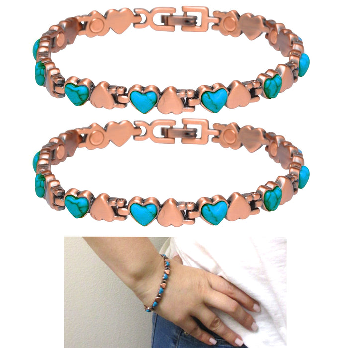 2 Turquoise Hearts Copper Magnetic Link Bracelet Healing Energy Pain Relief Gift
