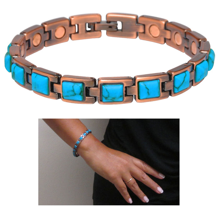 1 Bracelet Turquoise Natural Gem Solid Copper Magnetic Link Healing Energy Gift