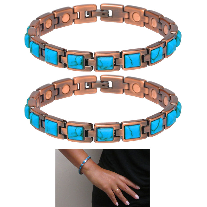 2 Pack Copper Bracelet Turquoise Gemstone Magnet Link Healing Energy Pain Relief