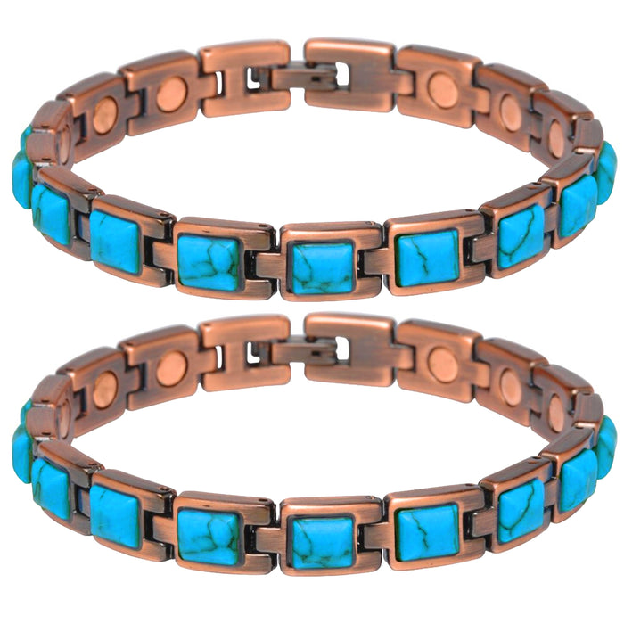 2 Pack Copper Bracelet Turquoise Gemstone Magnet Link Healing Energy Pain Relief