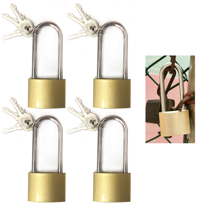 4 Pc Long Shackle Padlocks Heavy Duty Metal Brass Box Locks Keyed 37mm 2 Keys