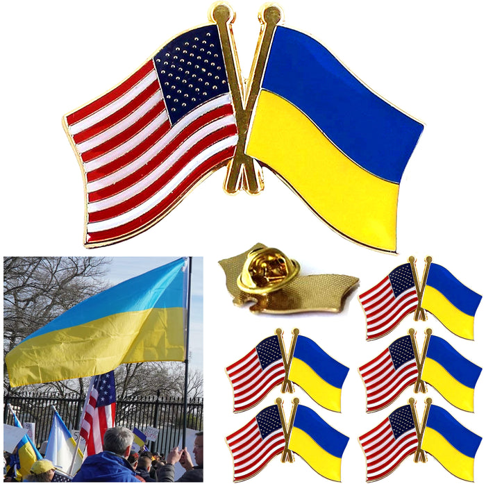 6 X American US Ukraine Flag Crossed Friendship Lapel Pin Patriotic Enamel Badge