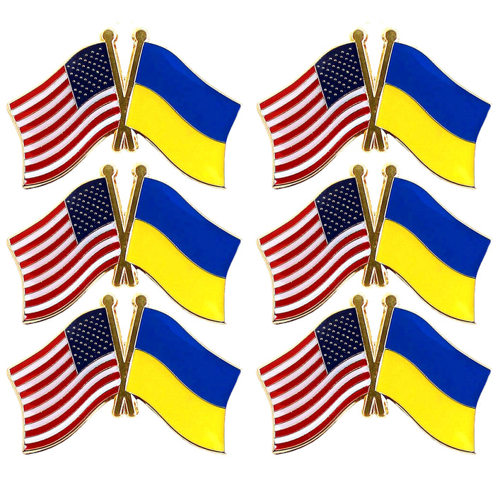 6 X American US Ukraine Flag Crossed Friendship Lapel Pin Patriotic Enamel Badge